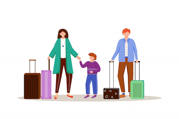 Family with luggage flat illustration