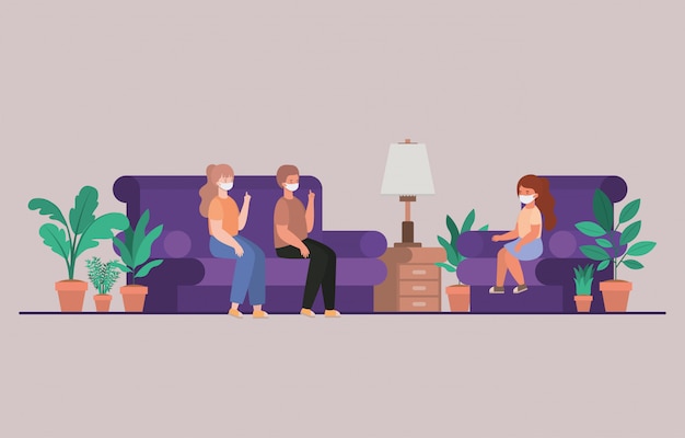 family with masks at home design