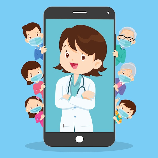 Famiglia con l'app mobile medico di famiglia famiglia che utilizza l'applicazione mobile salute consultare il medico online