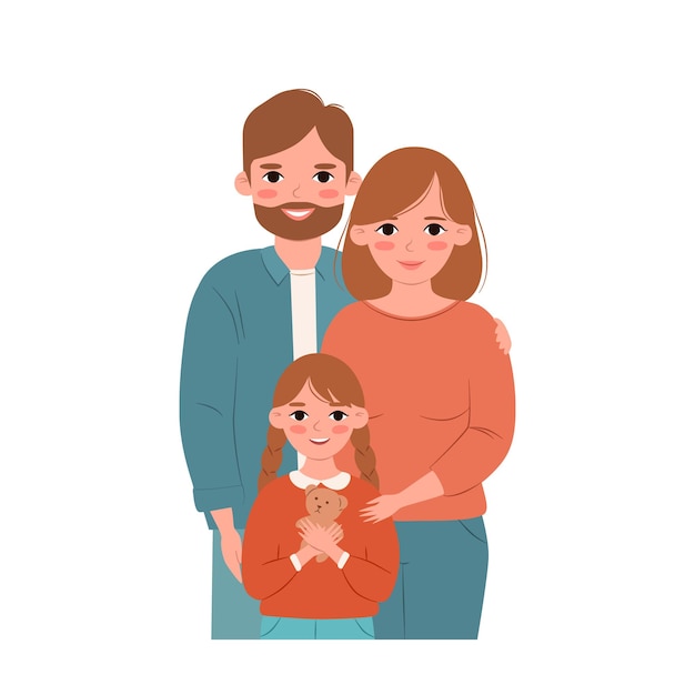 한 아이 를 가진 가족 부모 와 딸 이 서 있는 평평 한 만화 터 일러스트레이션