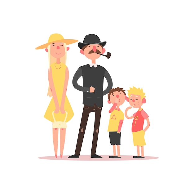 Family with Parents Wearing Hats. Flat Vector Illustration