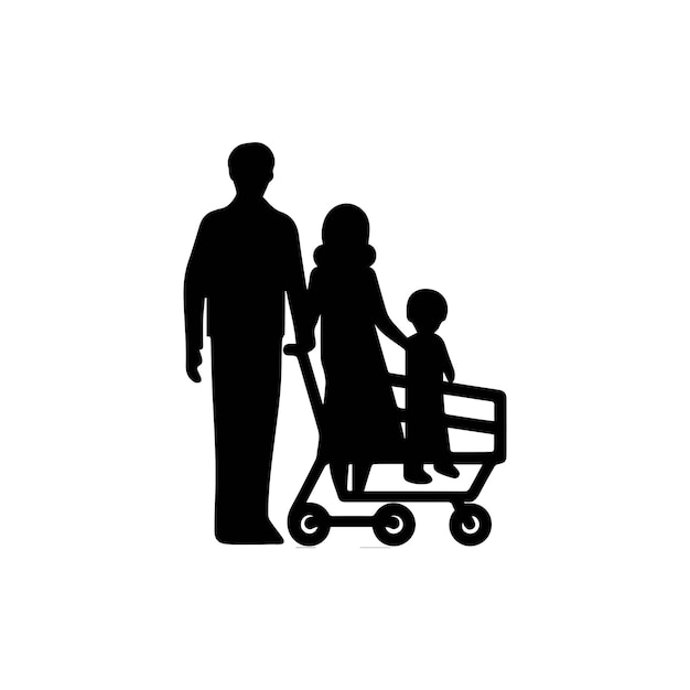 family with Shopping Shopping card icon Black on white background Vector illustration