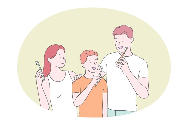 치약과 칫솔로 치아를 청소하는 아들과 가족