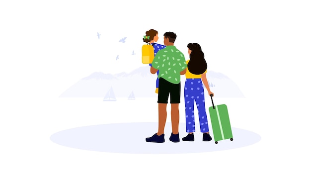 Vector a family with a suitcase is standing in front of a mountain.
