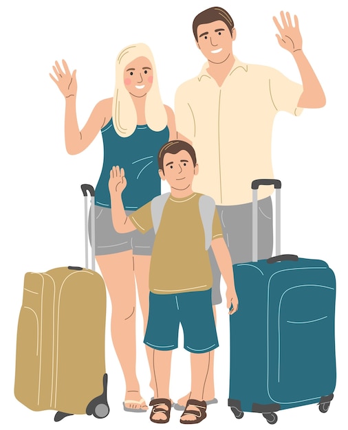 a family with suitcases waves their hands