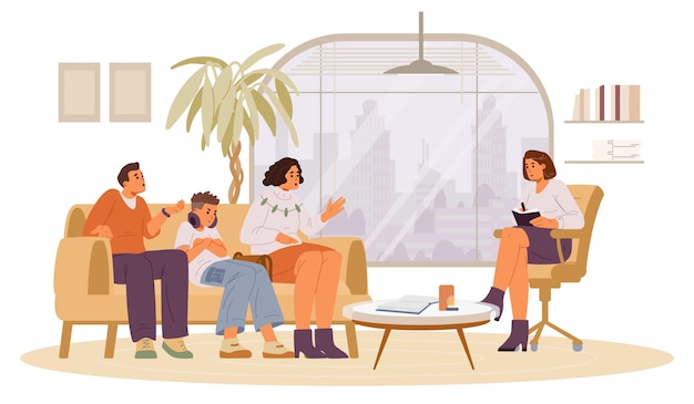 family with teenage boy during psychotherapy session in a psychologists office