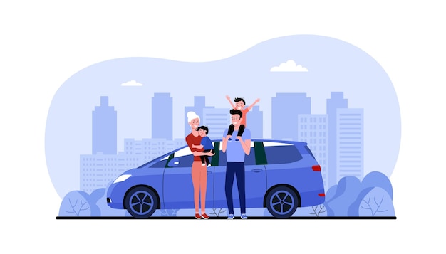 Vector family with their car minivan against the background of abstract cityscape. vector illustration.