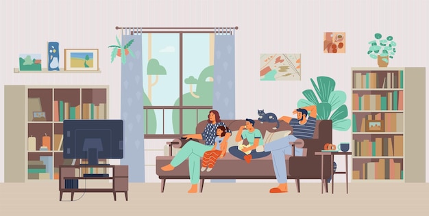 Vector family with two kids and a cat watching tv together at home