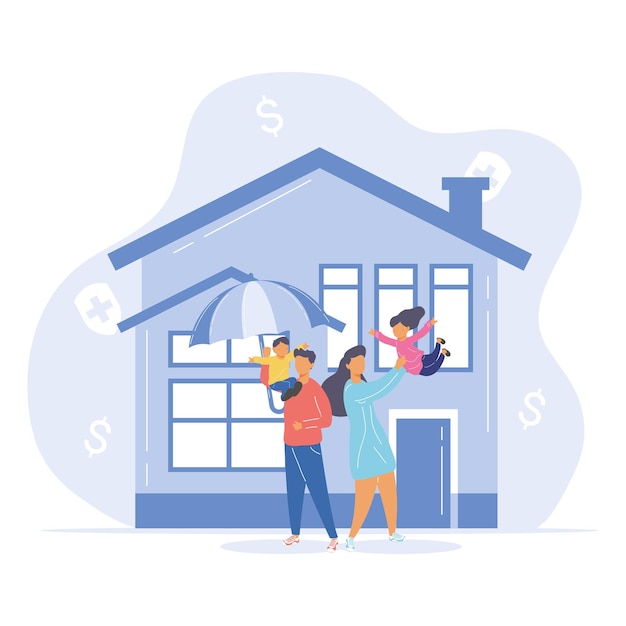 Vector family with umbrella in front of house