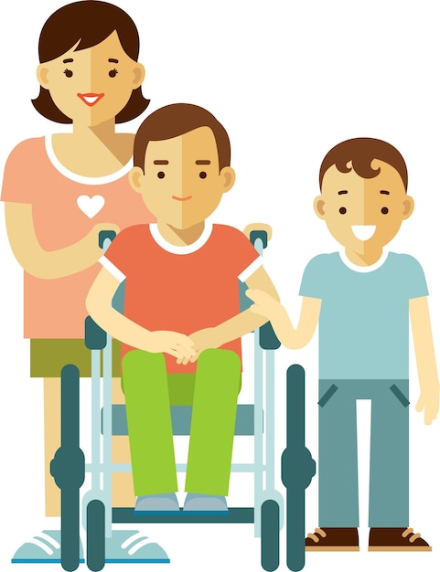 Vector family woman disabled man in wheelchair and child boy