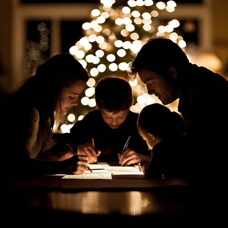 Vector family writing letters to santa silhouette scene children writing letters to santachristmas day ne