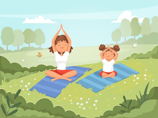 Yoga familiare. madre e figlia che fanno esercizi all'aperto nel fumetto di vettore di abilità di allenamento fitness yoga parco. la figlia con la madre fa yoga, sport e fitness