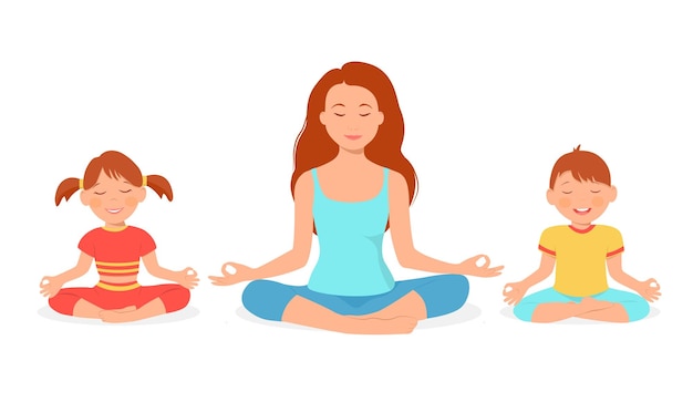 Yoga in famiglia una madre ei suoi figli sono seduti in una posa di loto illustrazione del fumetto vettoriale