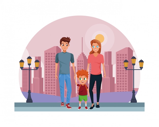 Family young parents with children cartoon