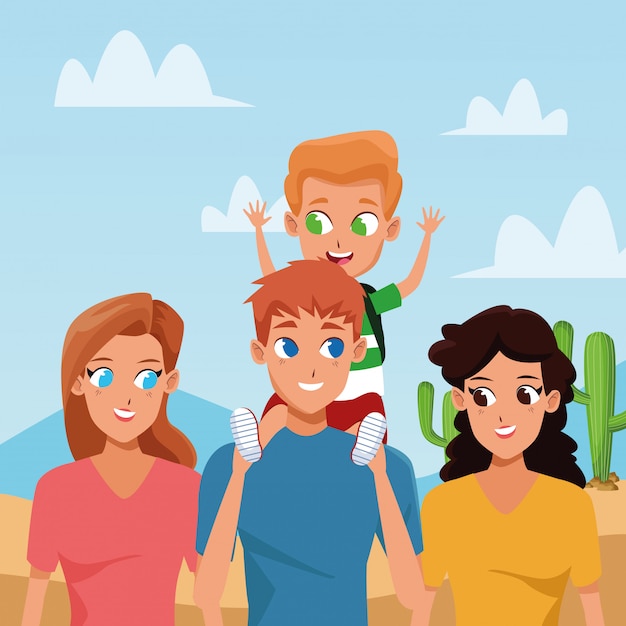 Vector family young parents with children cartoon