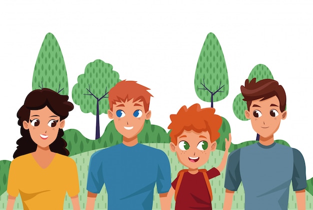 Family young parents with children cartoon