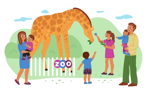 Vettore famiglia nello zoo genitori con bambini che guardano gli animali fine settimana congiunto persone in piedi vicino al recinto e che danno da mangiare alla giraffa madre e padre con bambini nel parco concetto vettoriale sgargiante