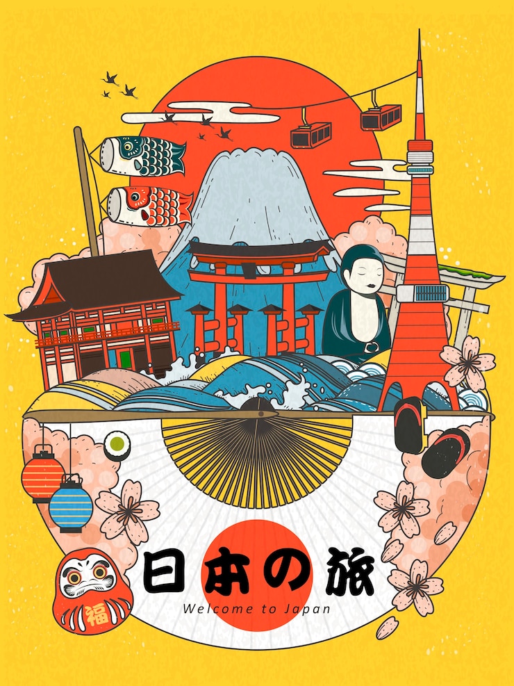 Vector famous attractions with traditional elements