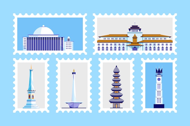 Famous building in indonesia. postage stamp design.