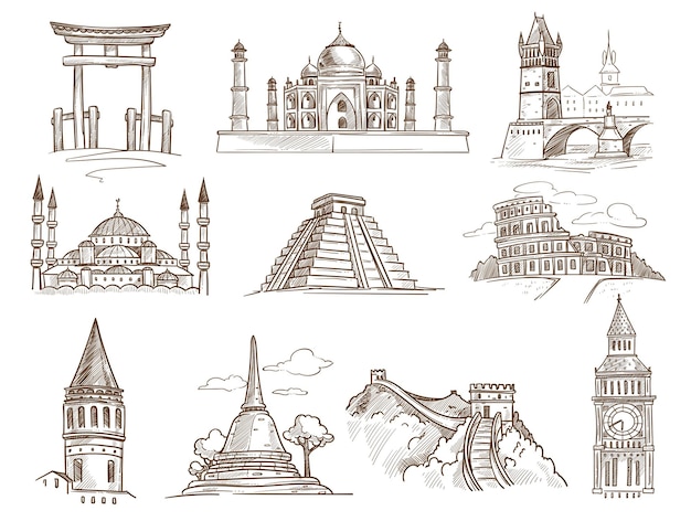 Famous buildings and architecture world landmarks vector torii gate and taj mahal tower bridge and sultan ahmed mosque mayan pyramid and coliseum galata tower and swedaon pagoda great wall and big ben