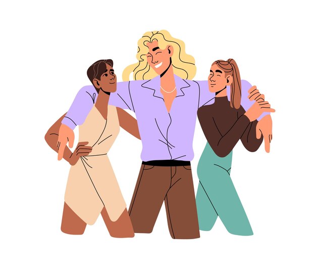 famous guy with long hair hugs with girls happy man is popular with women cuddles with his lovers polyamorous couple spends time together flat isolated vector illustration on white background