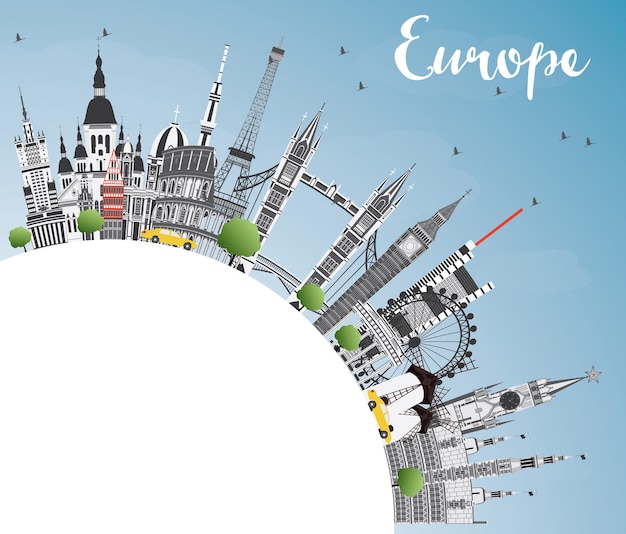 Vector famous landmarks in europe with copy space. vector illustration. business travel and tourism concept. image for presentation, banner, placard and web site