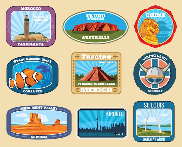 Famous monuments and national landmarks retro  travel labels