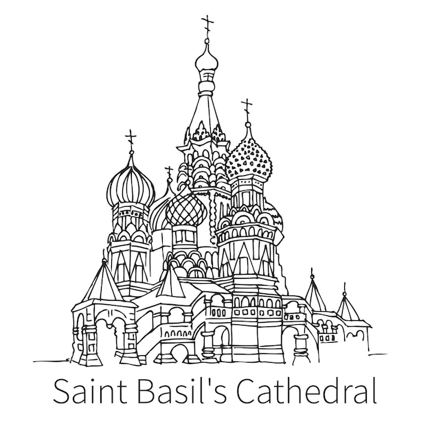 Vector famous saint basils cathedral drawing sketch illustration in moscow. ortodox church. vector illustration