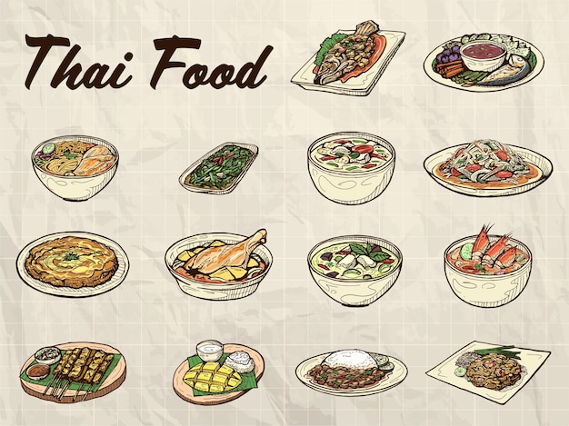 Vector famous thai food retro art elements