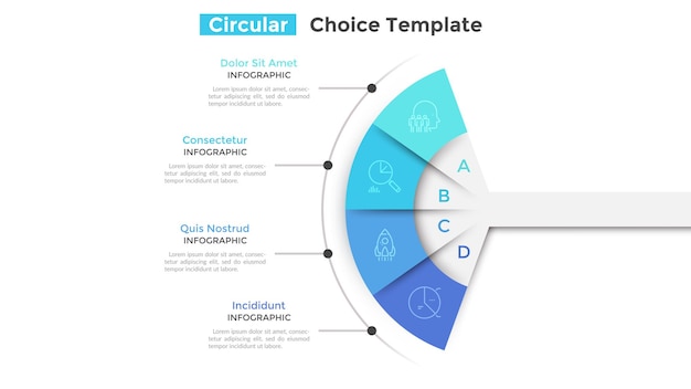 팬 차트는 4 부분 또는 조각으로 나뉩니다. 선택할 수 있는 네 가지 비즈니스 기능 또는 옵션의 개념입니다. 간단한 인포 그래픽 디자인 템플릿입니다. 웹사이트, 프레 젠 테이 션에 대 한 현대 평면 벡터 일러스트 레이 션.
