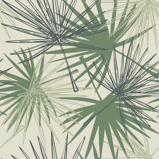 Fan palm leaves seamless patternRetro tropical branch in engraving style