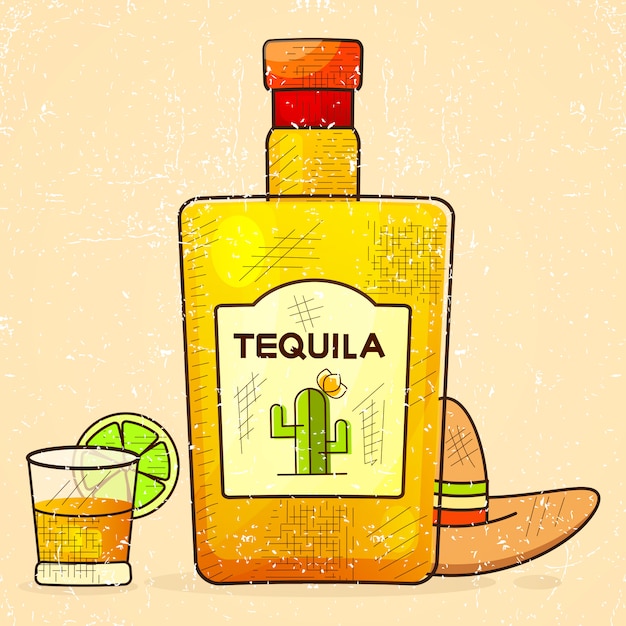 Fancy bottle of tequila with shot glass and mexican hat