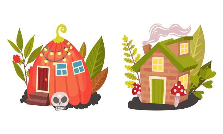 Vector fancy fairy pumpkin house rested on garden soil among foliage vector set