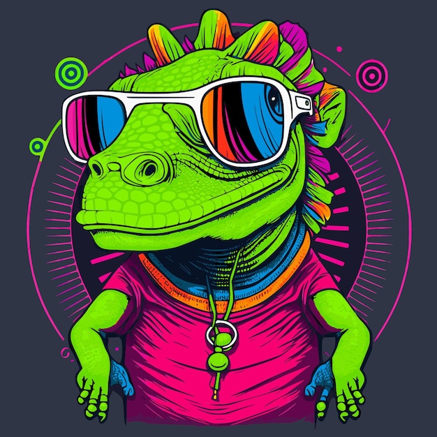 Fancy green lizard with sunglasses and a pink shirt Graffiti style printable design