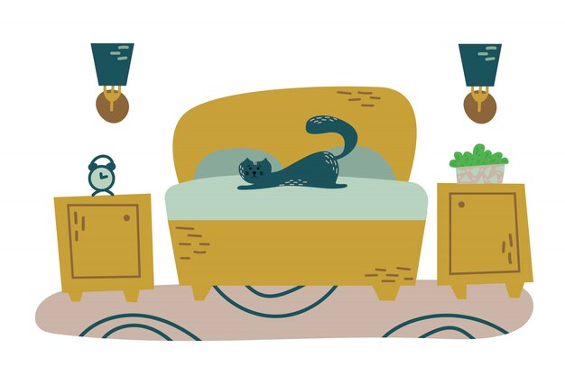 Vector fancy interior with home plants in pots. bedroom with cat