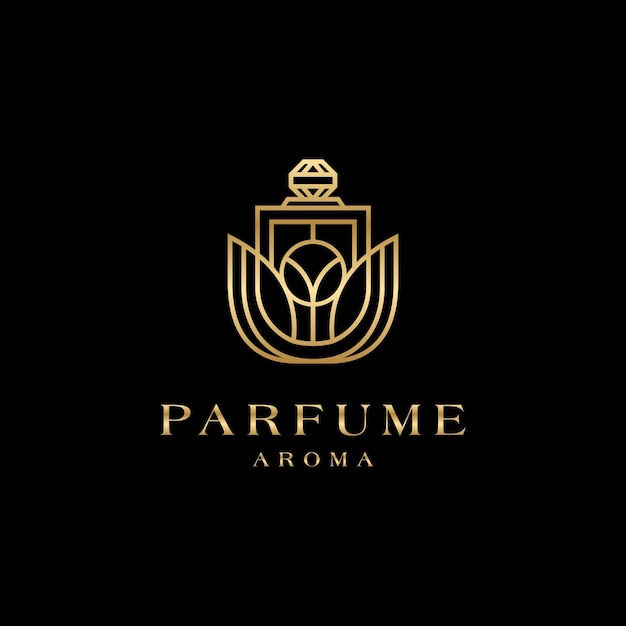 Logo di profumo elegante con linee color oro logo di bottiglia di profumo di lusso e design di biglietto da visita