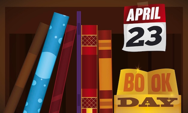 Vector fancy shelf with stacked books golden trophy and calendar reminding at you to celebrate book day