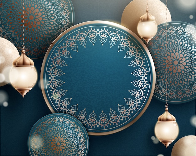 Vector fanoos and arabesque flower background in dark turquoise