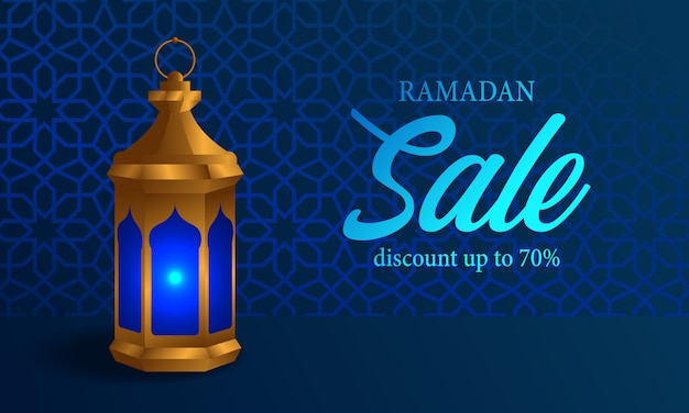 fanous arabische lamp met blauwe achtergrond glanzende ramadan verkoop banner