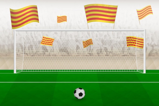 Fans van het voetbalteam van Catalonië met vlaggen van Catalonië juichen het stadion toe