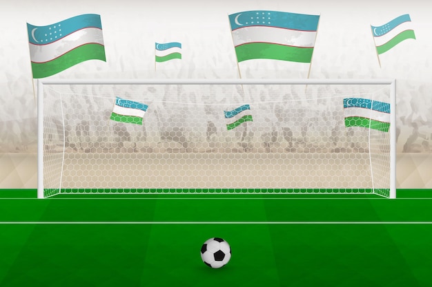 Fans van het voetbalteam van Oezbekistan met vlaggen van Oezbekistan juichen het stadionstrafschopconcept toe in een voetbalwedstrijd