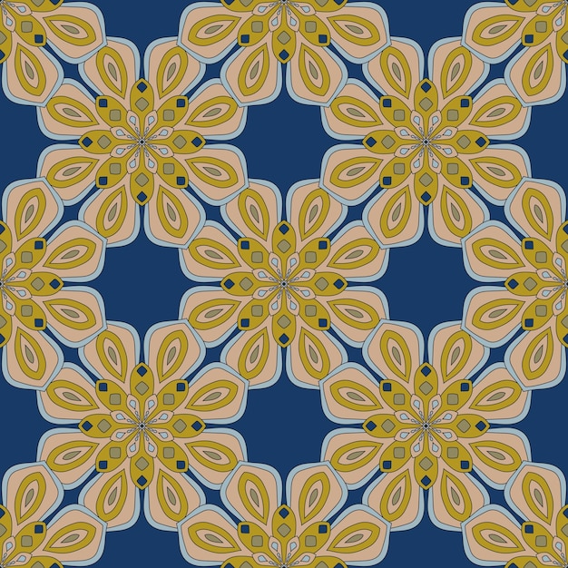 Fantasie abstracte naadloze patroon met mandala bloem. Mozaïek, tegel, polka dot. Bloemen achtergrond.