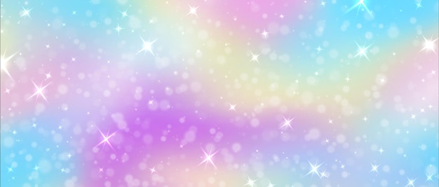 Fantasie achtergrond rainbow unicorn sky textuur met glitters en magische kleurrijke roze en paarse gradiënt met gloeiende sterren zeemeermin en galaxy decoratie briljant effect vector horizontale banner