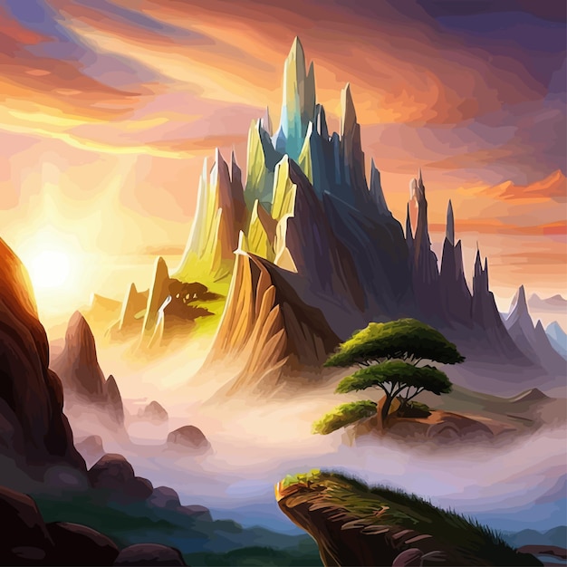 Vector fantasie berglandschap met wolken en mist natuur vectorillustratie