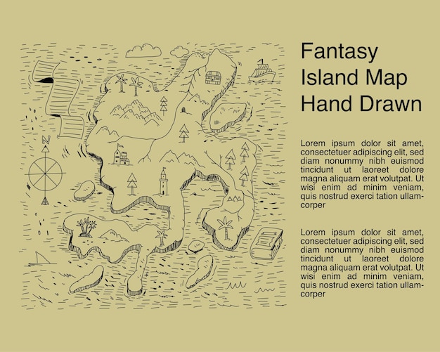 Fantasie eiland kaart hand getrokken illustratie