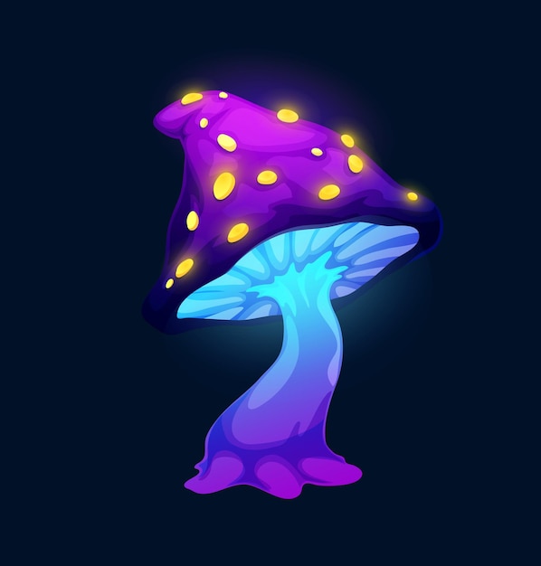 Fantasie magische paarse paddestoel met gele gezwellen, vector cartoon icoon. Giftige lichtgevende paddenstoel uit sprookje of fantasie, amanita met zure gele giftige vloeistofdruppels in neonlicht