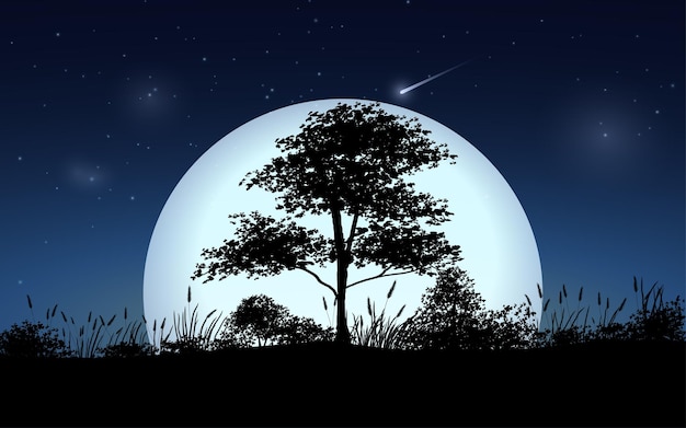 Fantasie nacht landschap met boom tegen de maan