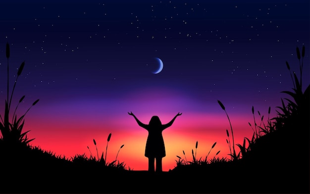 Fantasie nacht natuur achtergrond met een meisje onder de maan