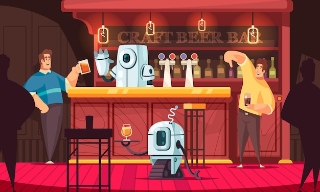 Fantasie platte achtergrond met ober en barman robot stripfiguren werken in bierbar illustratie