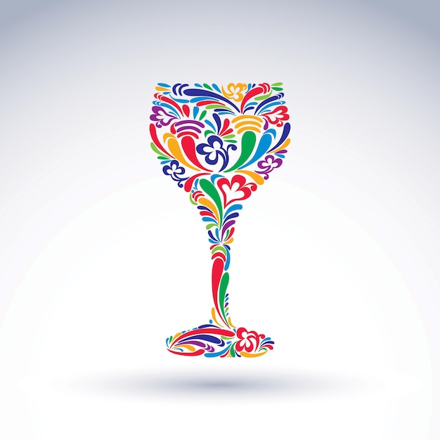 Fantasiedecoratie, art design beker met heldere bloemenpatroon vulling. Alcohol idee vectorillustratie, creatief glas wijn, grafisch element.